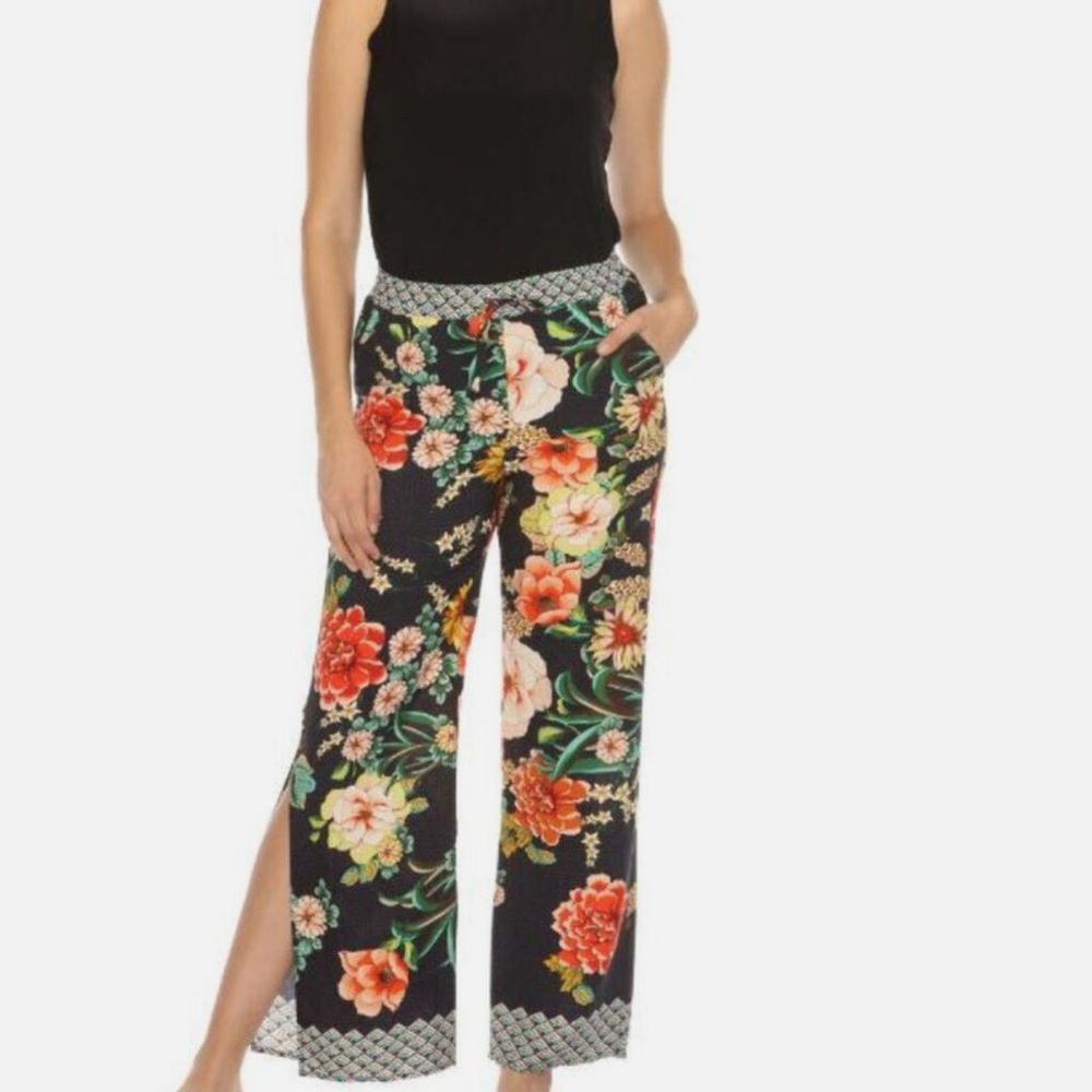 Johnny Was Black Floral Border Split Pants Sz L - Picture 2 of 13